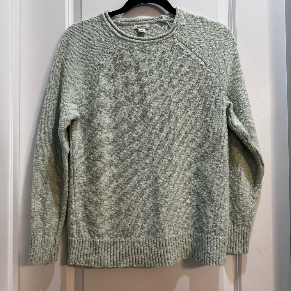 LL Bean Mint Green Pullover Sweater Large Roll Neckline Textured 100% Cotton